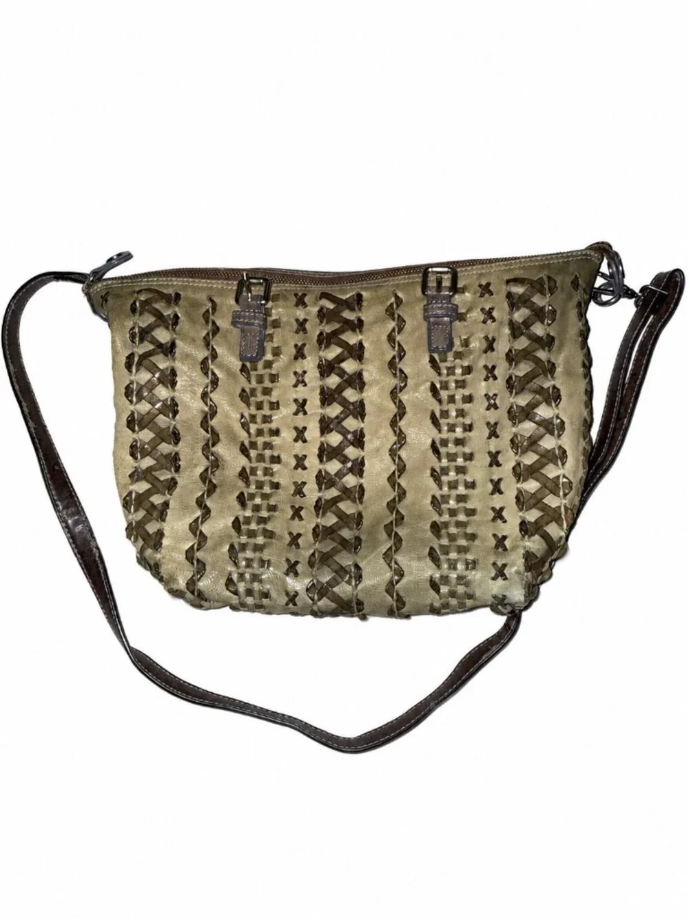 Gabs Firenze Woven Leather Shoulder Bag Taupe Turquoise Made in Italy